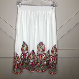Magic Women XL MIDI Skirt Multicolor Floral Embroidery Sheer Stretch Waist White